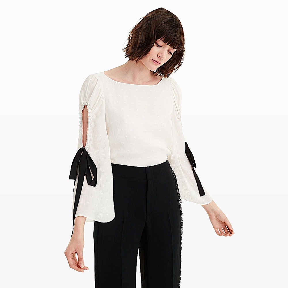 CLUB MONACO PRIYALLA TOP BLOUSE LONG SLEEVE FLOWY RIBBON  WHITE BLACK XS